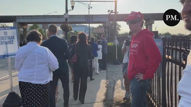 A Trump supporter outside the DNC asks people for donations “for Kamala Harris’s drinking addiction.”
